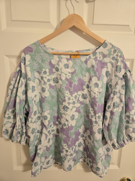 Ruby Rd. Tops - Ruby Road Floral Puff-Sleeve Blouse in Mint & Lavender Size XL